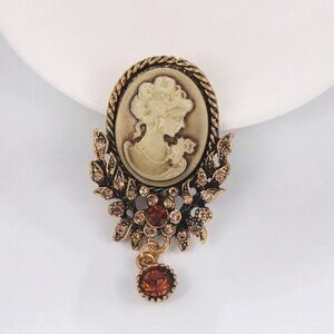Vintage Cameo Silhouette Brooch with Amber Crystal Drop